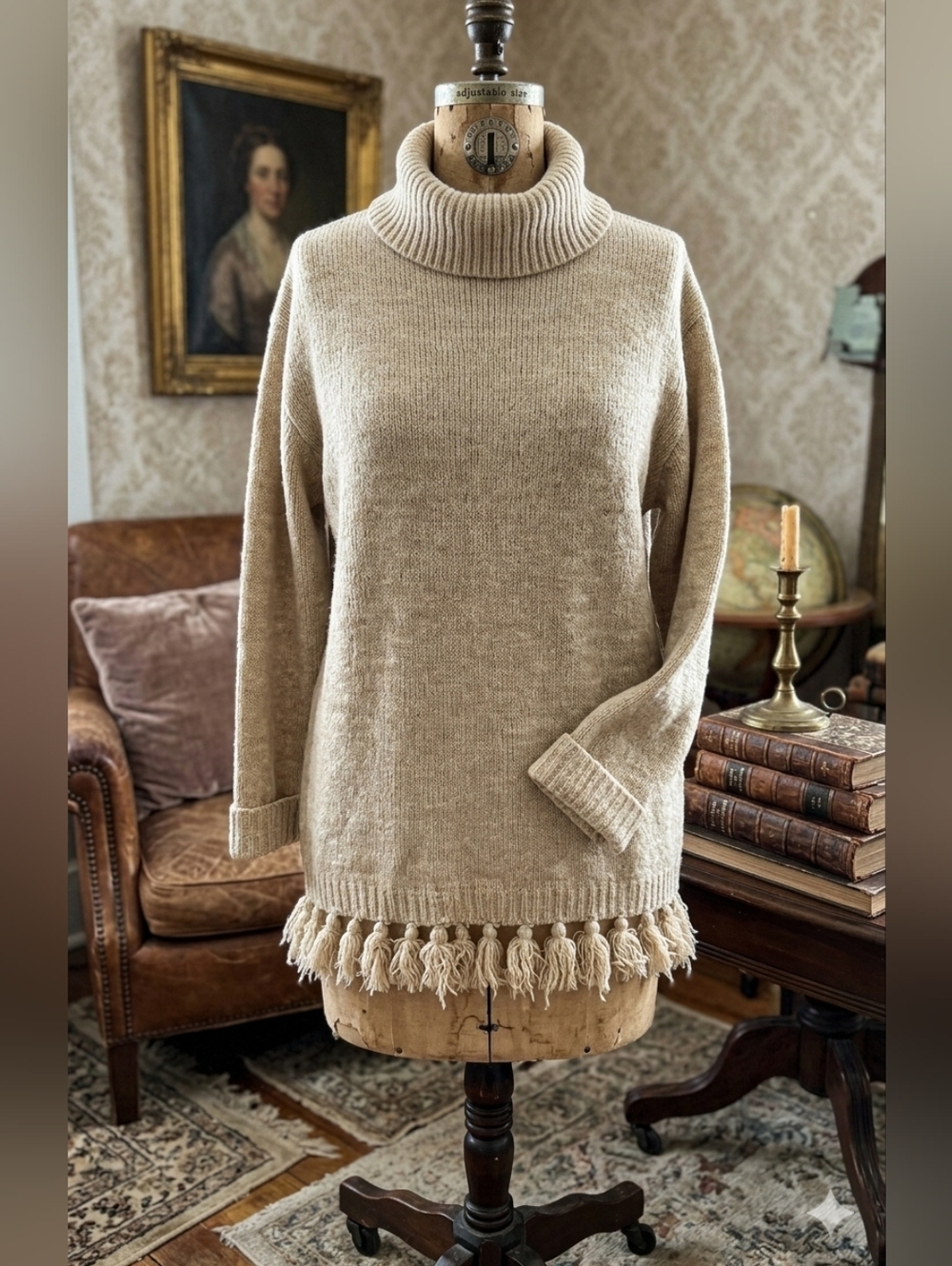 VTG Dalmys Silk & Wool Blend Fringe Hem Turtleneck Sweater - Oatmeal Beige - M